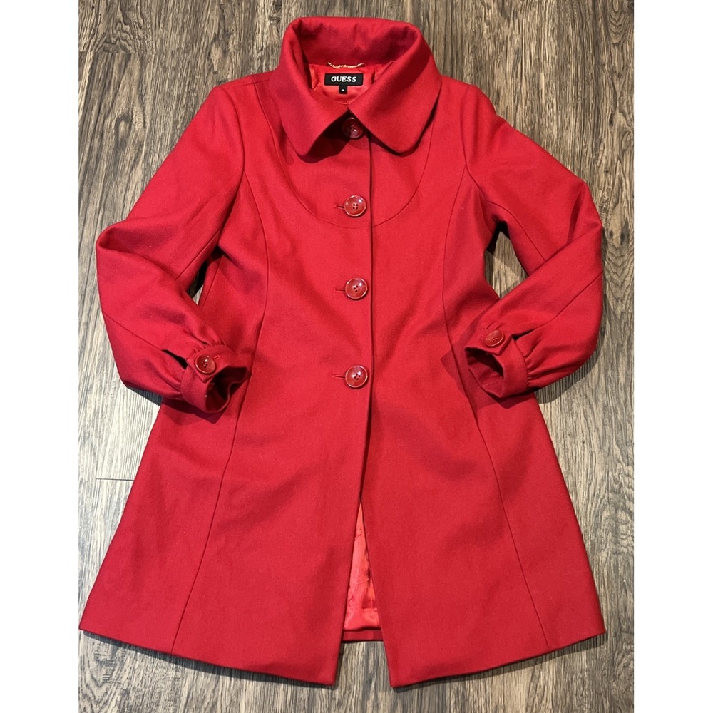 Guess Wool Coat Women's Medium Color Red Peacoat Size M